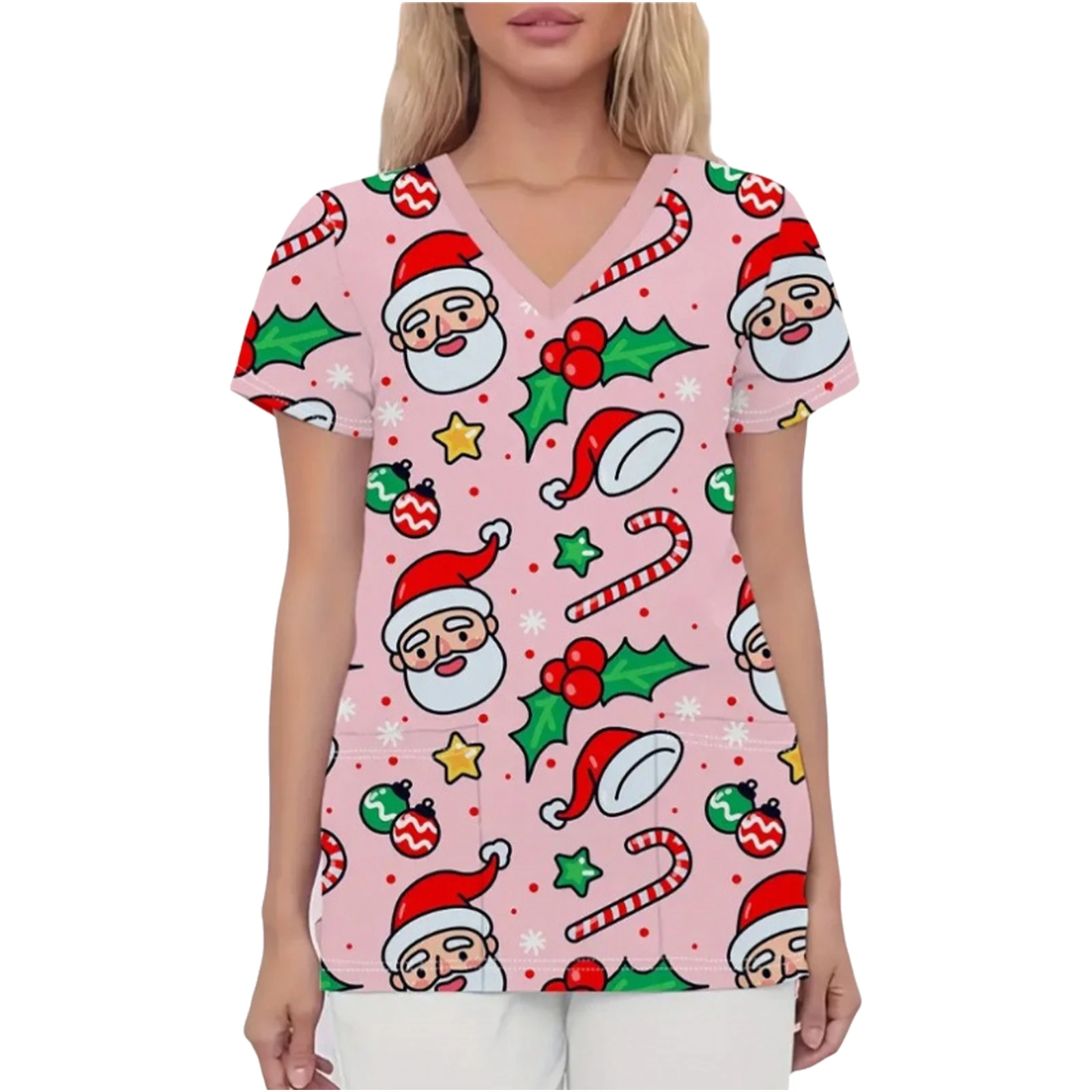 

Women Christmas Nurse Uniform Nursing Sanitary Clinical Tops Short Sleeve Xmas Element Print Pockets Micro-Elastic T-shirt