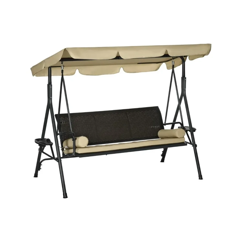

3-Seat Patio Swing Chair, Swing Bench for Outside w/Adjustable Shade, Removable Cushion and Rattan Seat, for Garden