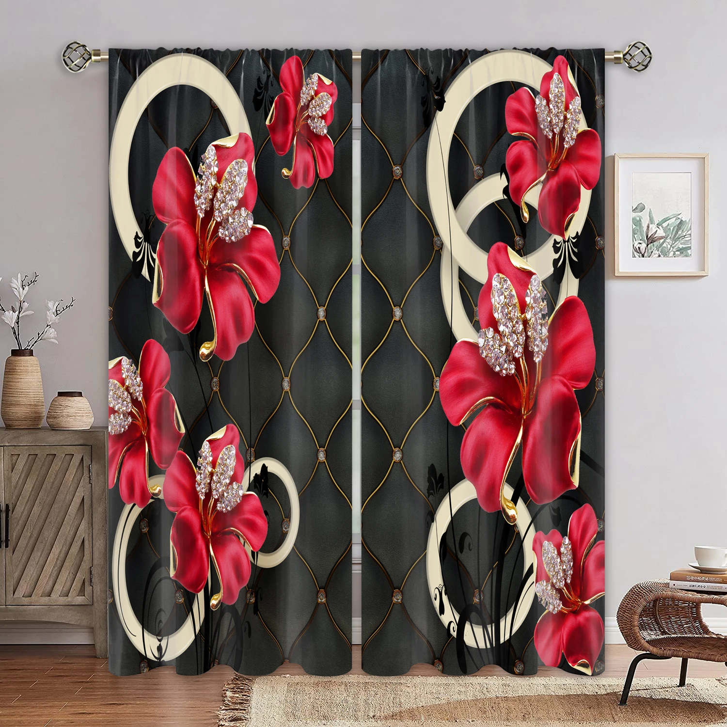 

2pcs European Beautiful Flower Curtains for Living Room Blackout Black Red Curtains Bedroom Windows Dining Room Custom Made