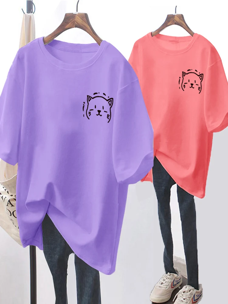 Summer Fashion O Neck Short Sleeve T-shirt Women Cute Cat Graphic All-match Tees Harajuku Oversized Midi Casual Tops Clothes