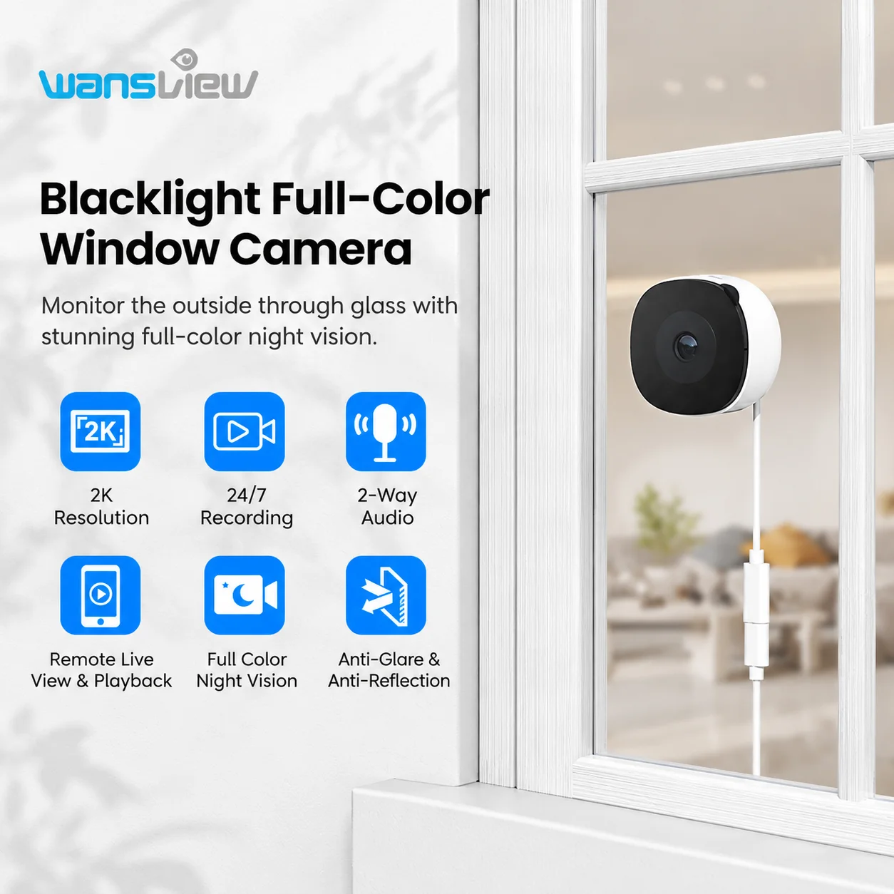 Telecamera di sicurezza per finestre Wansview 2K 3MP, telecamera wireless WiFi 2.4G/5G, registrazione 24/7, visione notturna a colori con illuminazione a LED, installazione senza fori, visualizzazione