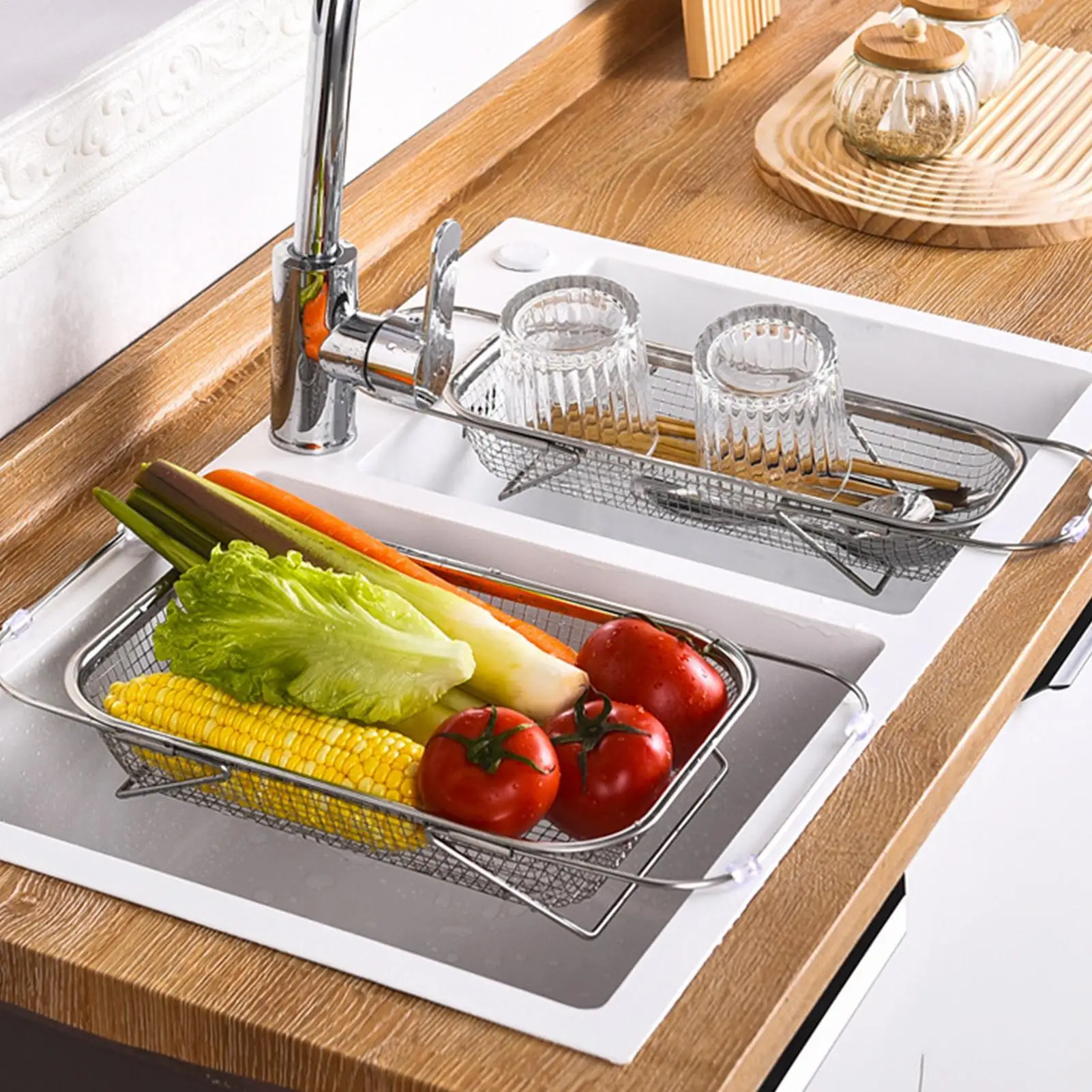 Over The Sink Colander Stainless Steel Extendable Draining Container Kitchen Fruit Colanders For Kitchen Apartment Home Cooks