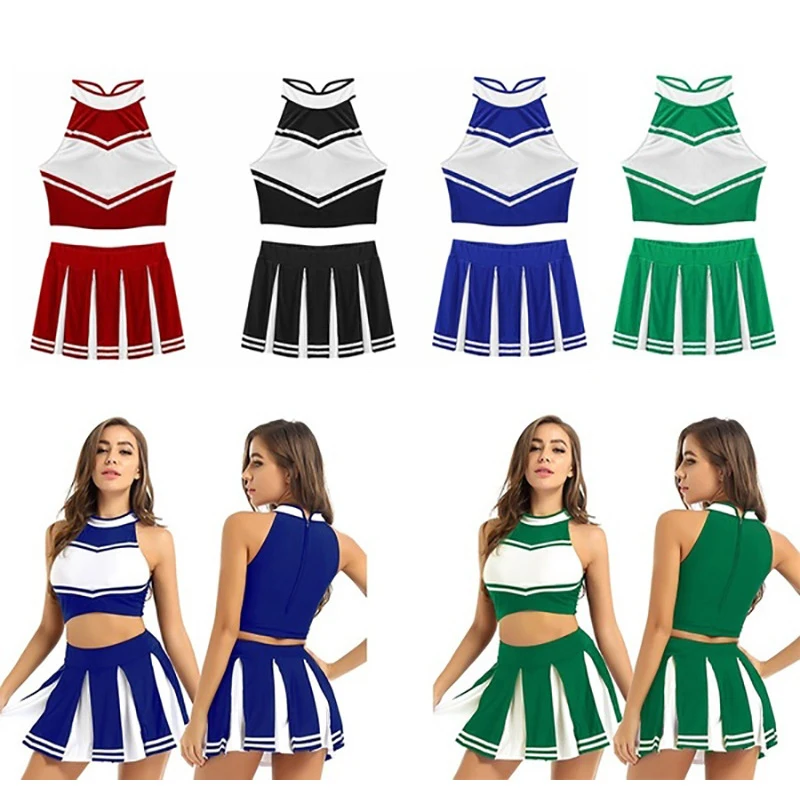 Sexy School Girl Cheerleader Costume Women Adult Cheerleading Uniform Dancing Outfit Sleeveless Crop Top with Mini Pleated Skirt