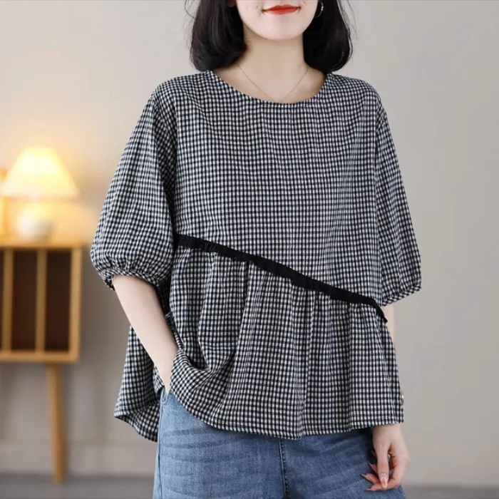 

Cotton Linen Plaid irt Women's round Ne Casual Versatile Loose Slimming Summer ort Sve T-irt Cute Sle Summer Col...