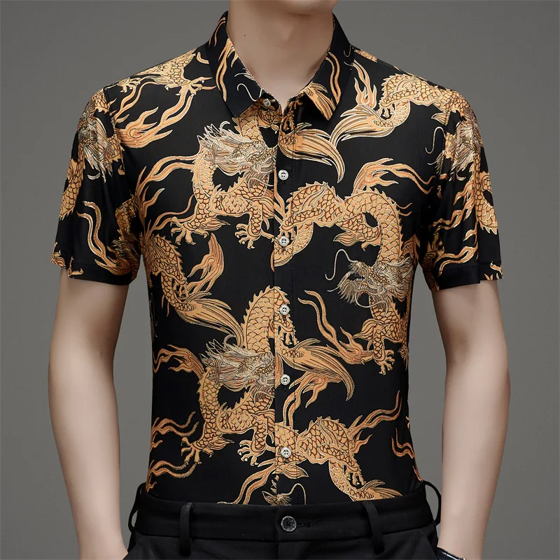 Summer thin ice silk short-sleeved shirt men's business casual floral shirt half-sleeved dragon pattern inch clothing trend