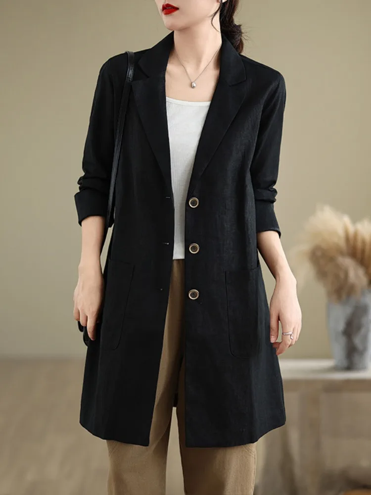Ladies Mid-Length Linen Suit Jacket Loose Long Sleeve Cotton-Linen Material Windbreaker Large Size Top Pure Color Commute Style