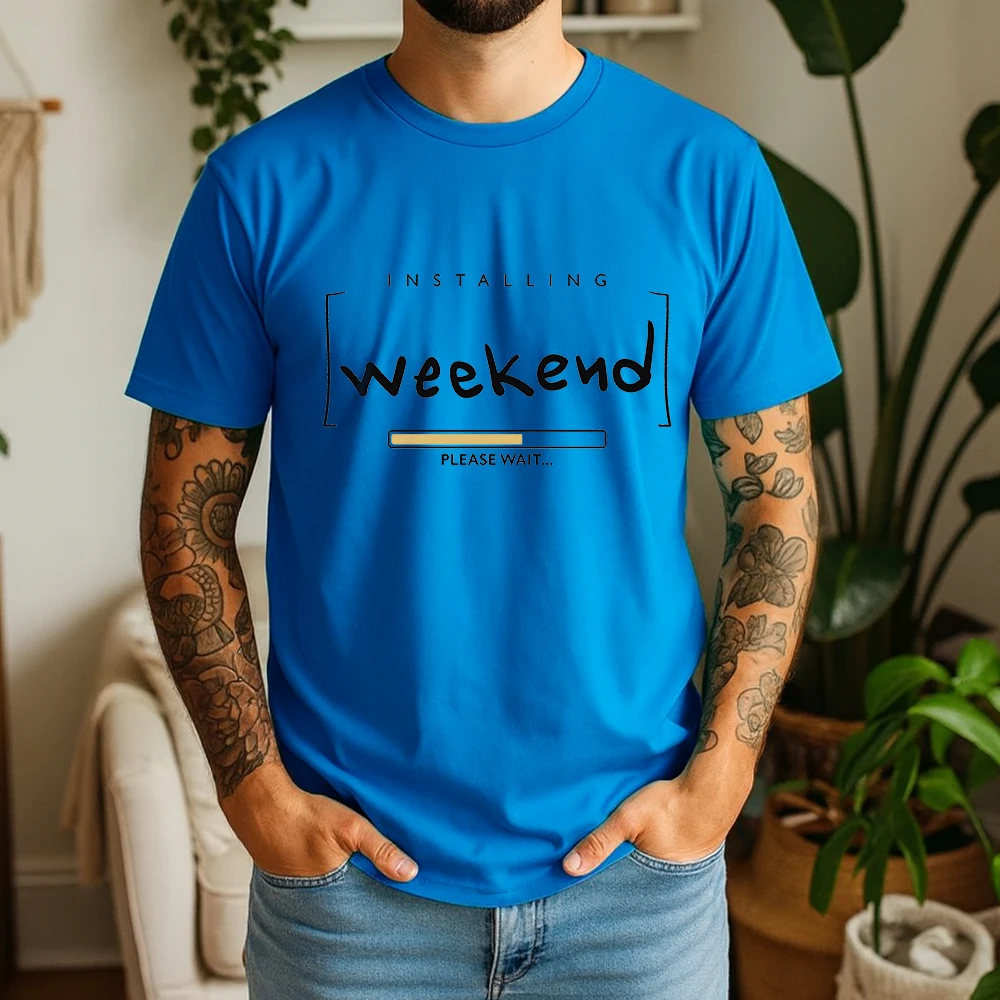 Mens 100% Cotton Short Sleeve T Shirt Funny Installing Weekend Please Wait Graphic Print Breathable Casual Summer Daily Tees