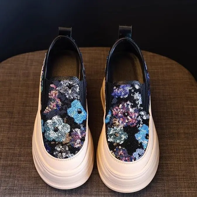 Sequin Flower Woman Platform Sneakers Wedge Shoes Female 8cm Height Increasing Ladies Breathable Cloth Casual Shoes Canvas Shoes