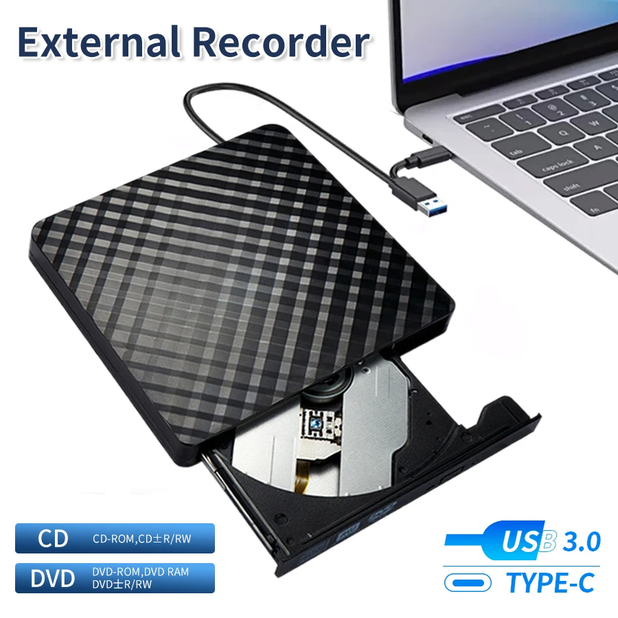 2 in 1 USB 3.0 Type C External DVD RW ROM CD Player Writer Reader Optical Drives for Laptop Desktop Computer Portable DVD Burner