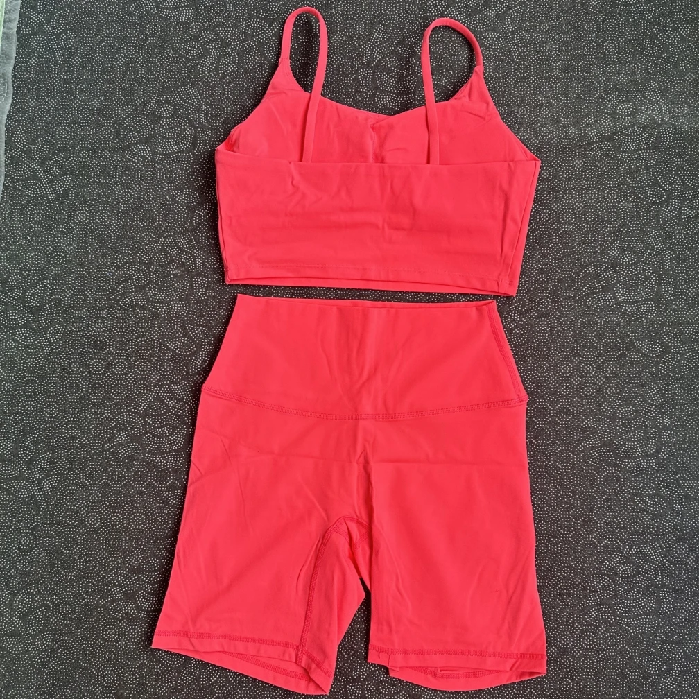 Solid Color Gym Yoga Short Legging Set Soft Tight Women Thin Shoulder Strap Vest Fitness Bra Sports Cycling Short 2pc Sportswear
