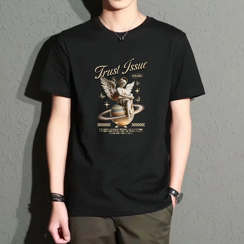 Men's Black Round Neck Short-Sleeved T-Shirt, Angel Planet Print Pattern, Trendy Street Style Top, Everyday Casual Versatile, Comfortable and Breathable