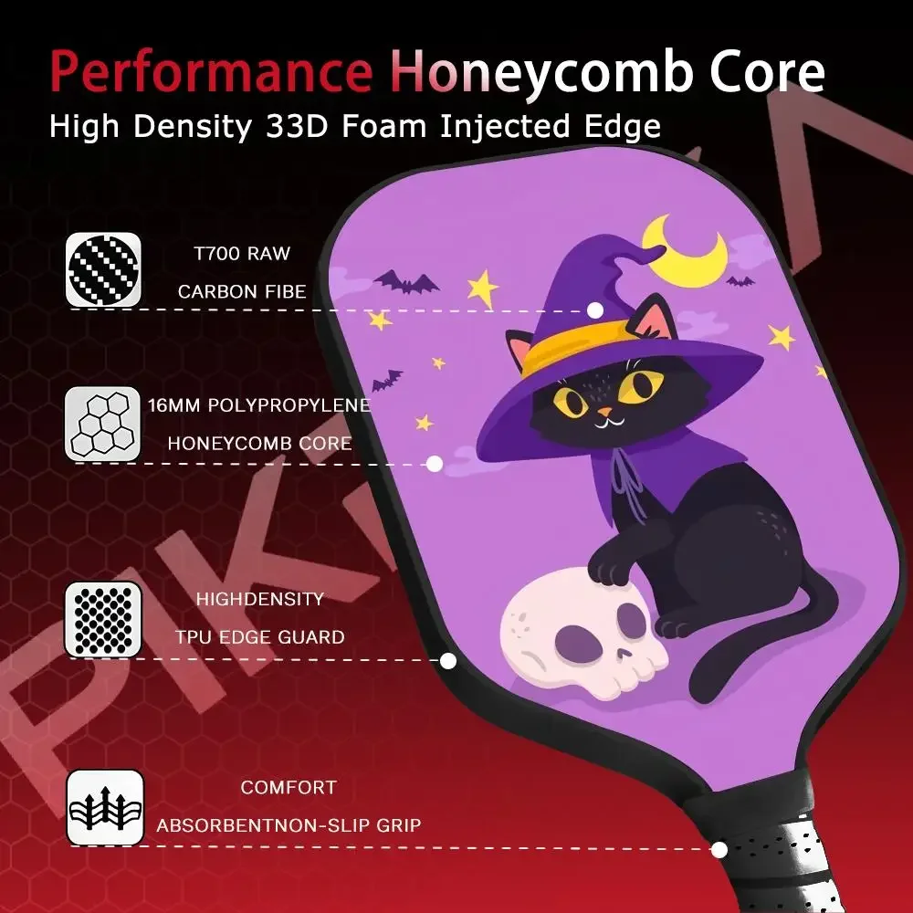 

Pickleball Paddle T700 Carbon Fiber Paddle Set Thermoformed 16MM Honeycomb Core with Bag and Grip Tape Halloween Purple Cat