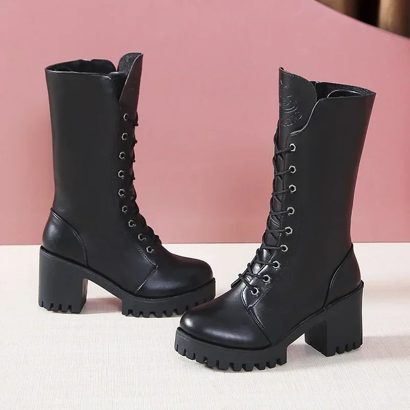 PU Leather boots Warm Winter shoes Waterproof Super star shoes Mid calf Boots for women Non slip Botas mujer Size 35