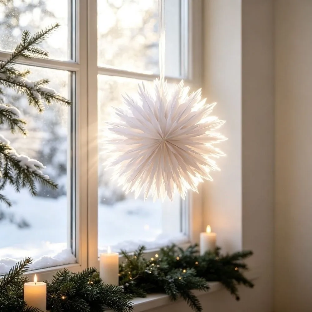 白い紙で作られた、立体的な切り抜きデザインのクリスマスオーナメント。立体的な視覚効果があり、軽量。