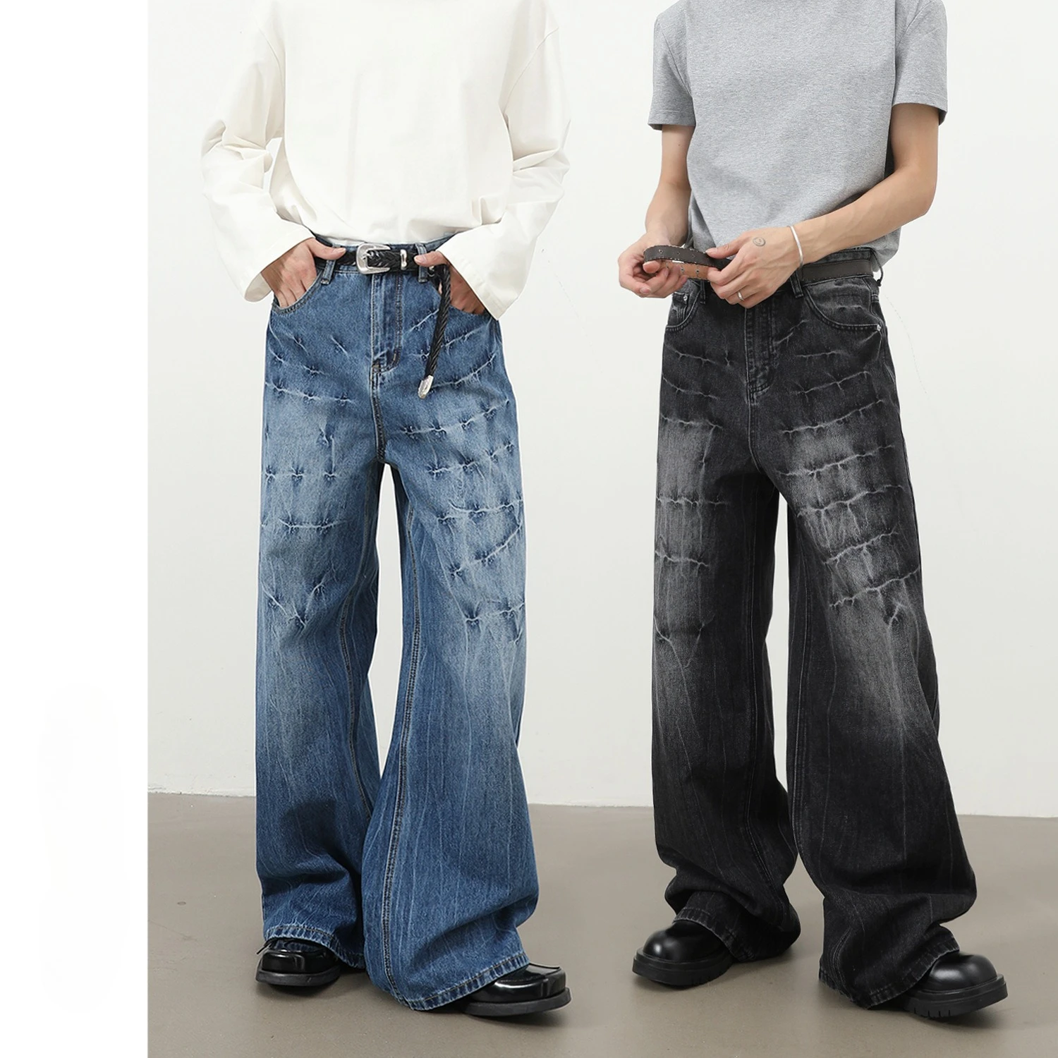 Men's Jeans Washing Contrast Color Mill White All-match Trousers Tide Lightning Pattern Male Denim Pants