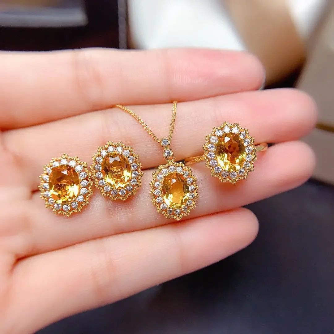 

3Pcs/set Luxury Female Yellow Crystal Ring Necklace Earrings Jewelry Sets Fashion Boho Earrings for Women Wedding Jewelry Gifts