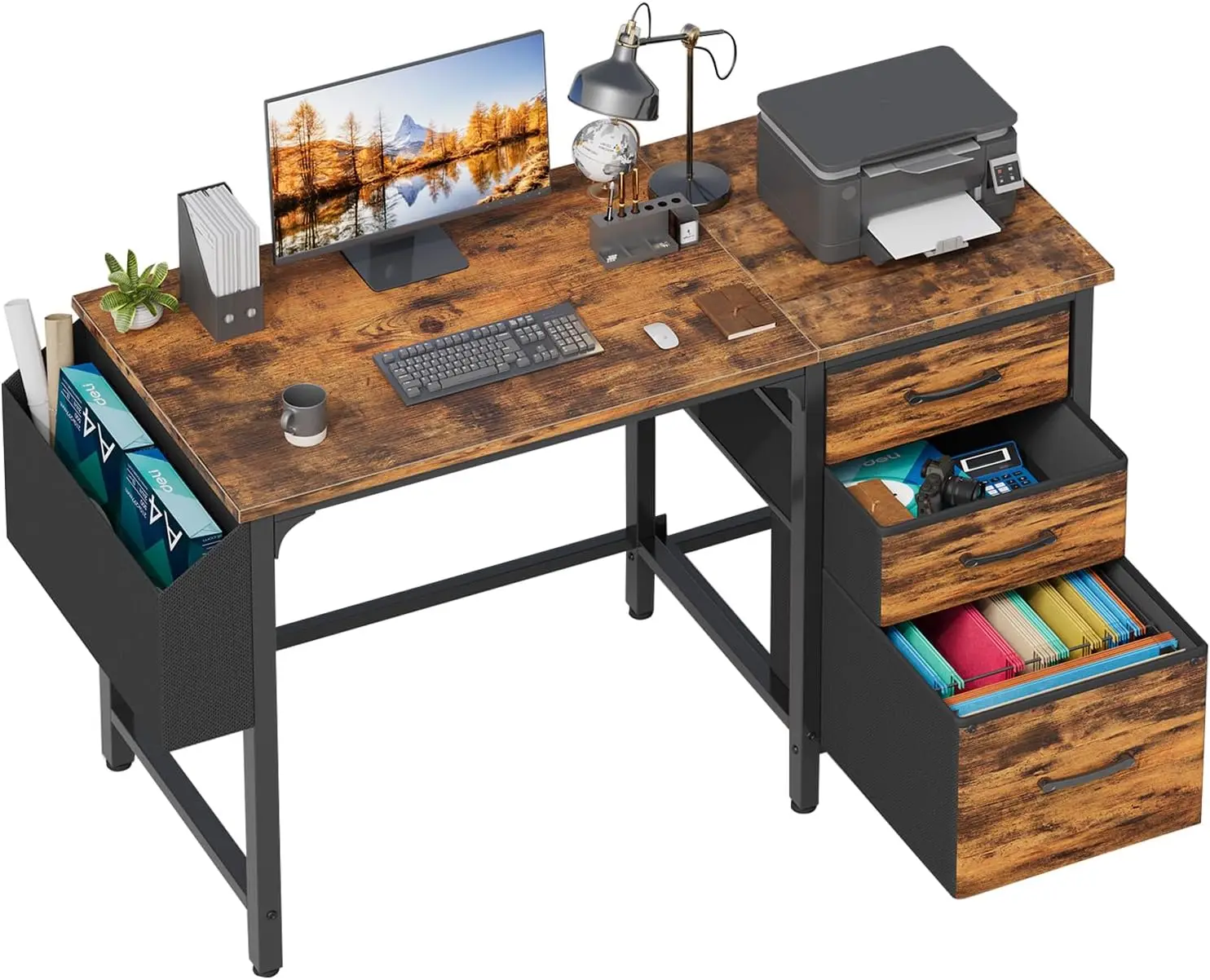 

47 inch computer desk with fabric file drawer cabinet, home office desk with small space file cabinet, study desk, PC desk