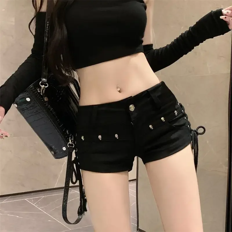 Y2K ريترو شورت منخفض الارتفاع 2024 - الكورية Bodycon الدنيم برباط أمامي صفيق الغنيمة السراويل الساخنة الصيف نادي Instagram الفيروسية