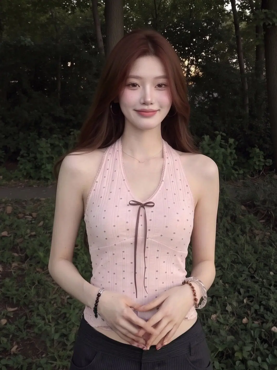 Pink Polka Dot Necktie Sleeveless Vest Women Summer Outdoor Wear Cover Side Breast Bared Beautiful Back Spicy Girl Top