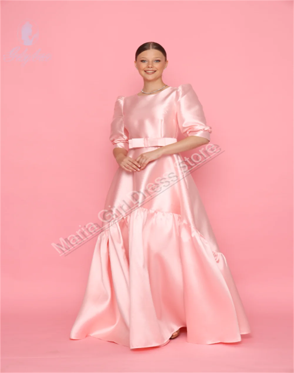

Розовое атласное платье с короткими рукавами для девочек и длинным поясом с бантом на талии для свадьбы, вечернее платье для первого причастия, настраиваемое