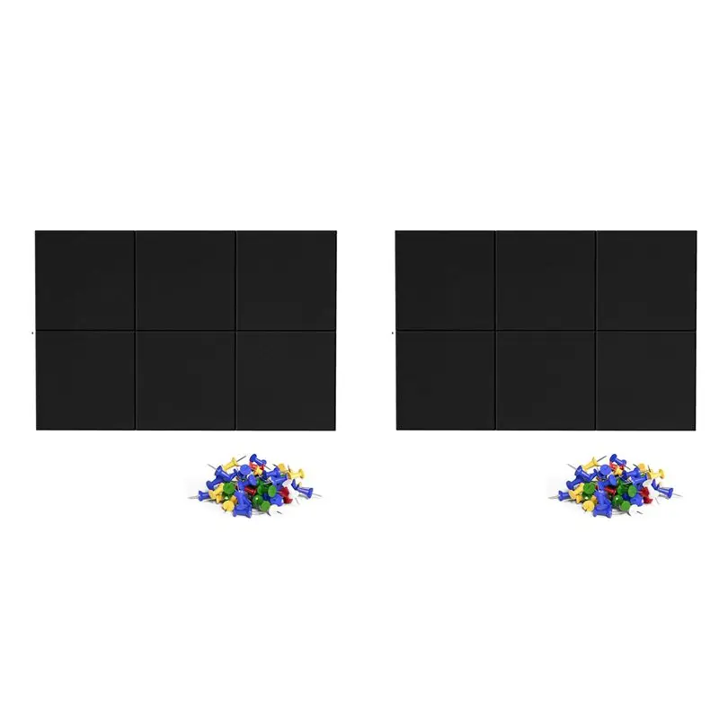 A36T-Cork Board Alternative, 12 Pack Felt Wall Tiles With 100 Pushpins, Black Cork Boards For Walls Cork Board