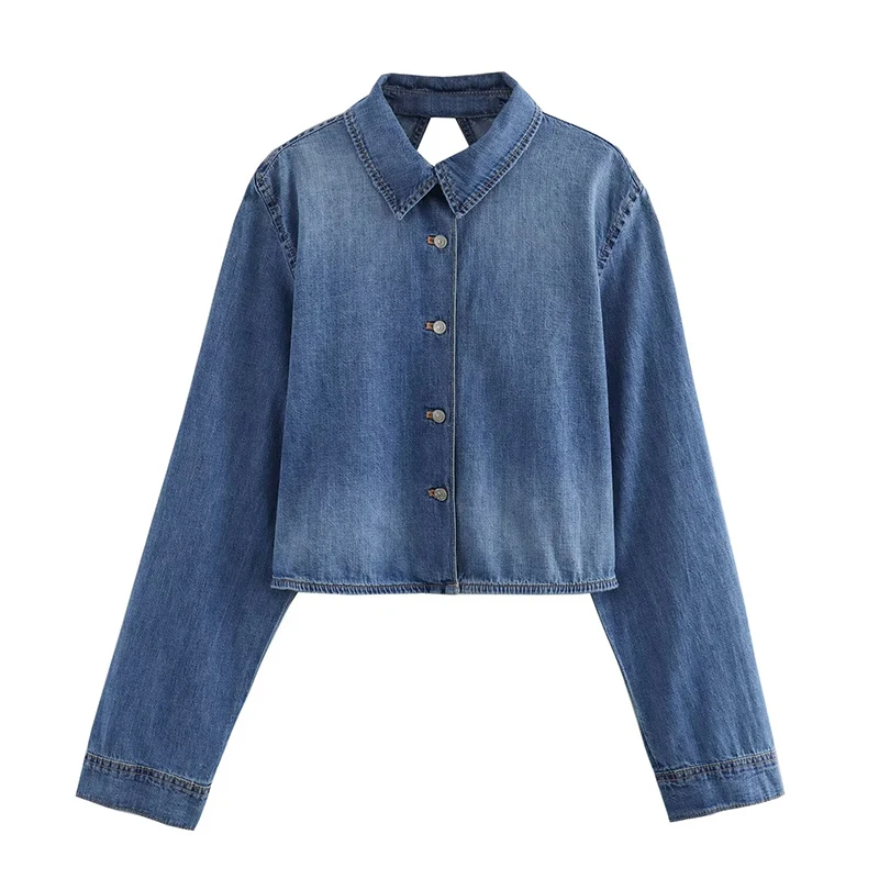 

2024 Women Long Sleeve Lapel Collar Sexy Backless Denim Shirt Streetwear Blusas Mujer