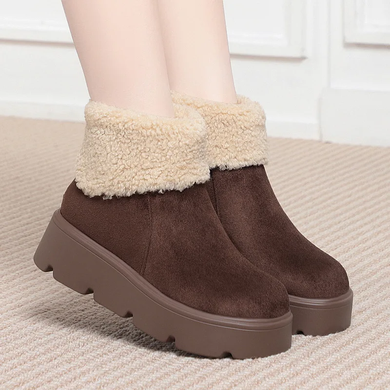 

5cm Comfortable All Match Flock Suede Snow Boots Women's Fur Winter Shoes 2025 Thick Bottom Flat Warm Plush Ankle Boots Daily