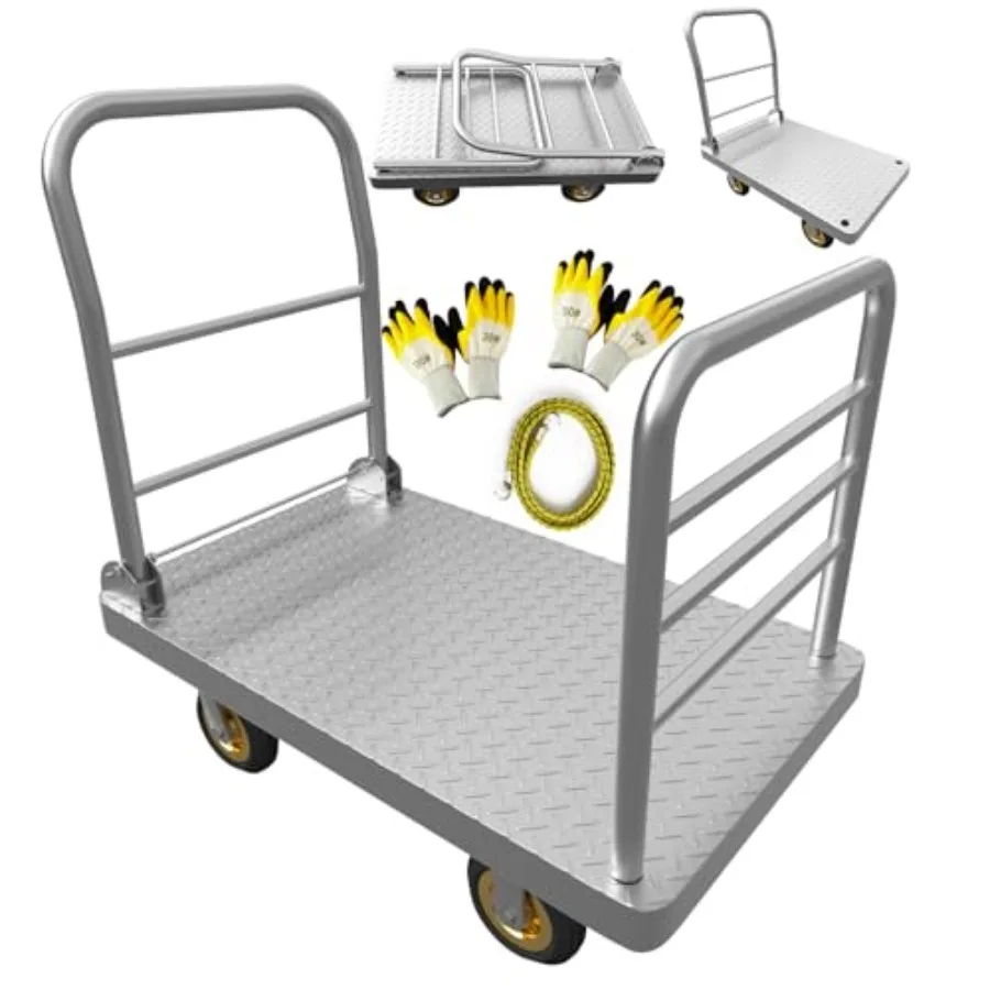 

2IN1 42×25 Heavy Duty Platform Truck Cart with Detachable Rear Guardrail and Swivel Casters for Industrial Warehouse Constructi