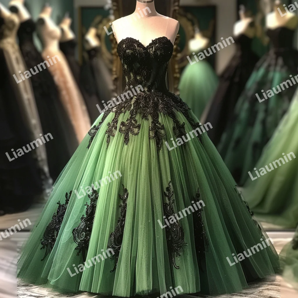 Groene Tule Zwart Kant Applique Strapless Baljurk Kralen Prom Formele Jurken Avondfeest Kant Rug Op Maat Gemaakte A3-3.2