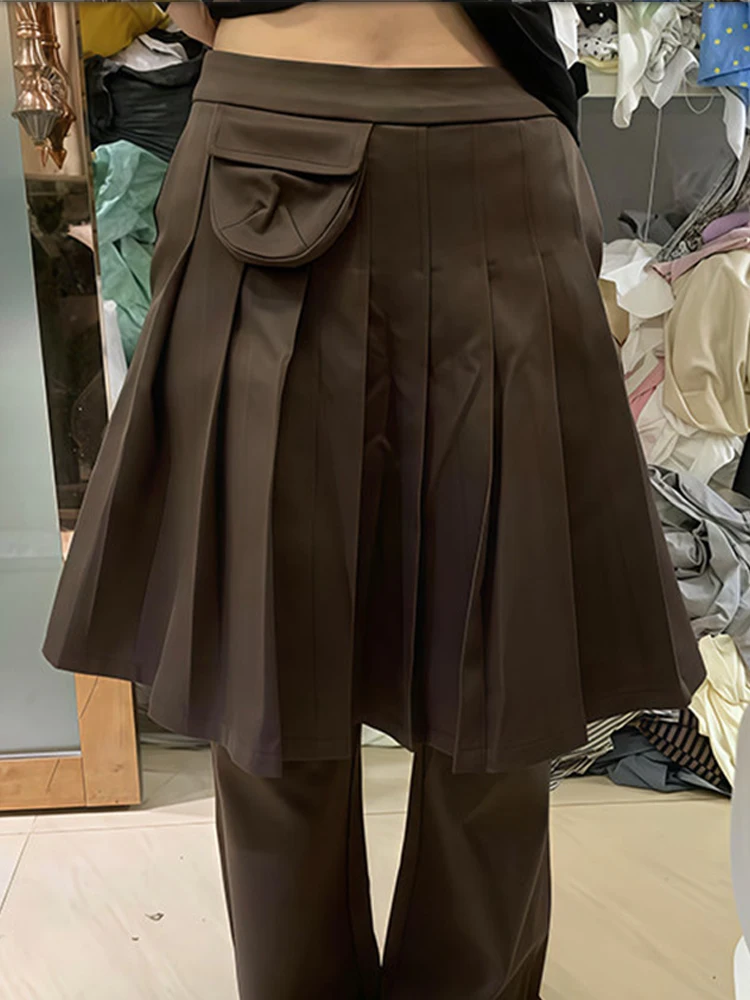 

Brown fart curtain casual skirt pants winter 2025 new women's waist bag trendy slimming patchwork pleated wide leg pants