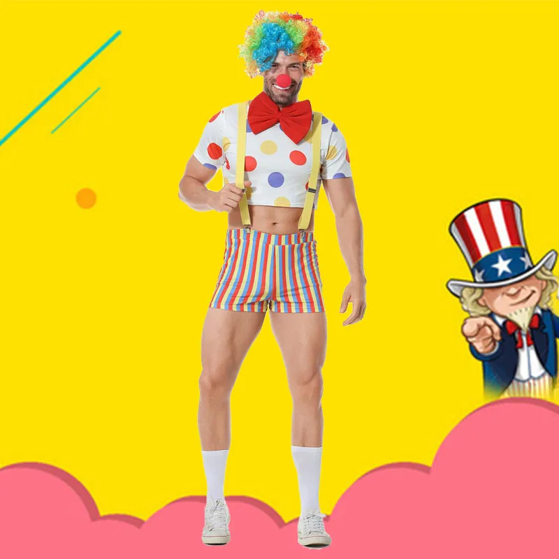 

Men Funny Clown Cosplay Halloween Costume Magic Show Performance Stage Party or Carnival Set with Wigs for Adults Wear