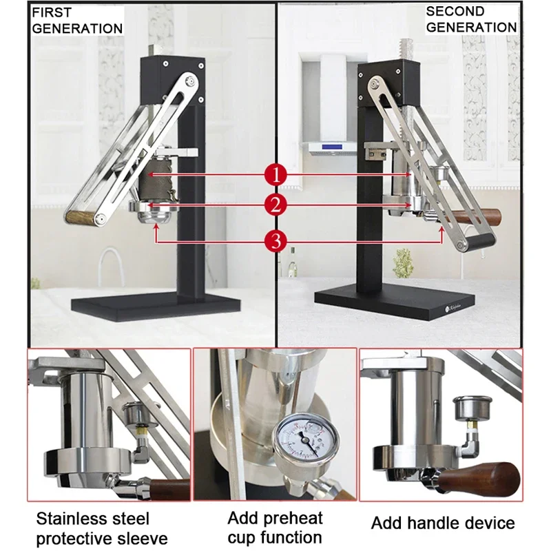 ハンドプレス付きコーヒーマシン,手動エスプレッソ抽出,可変圧力レバー,加熱付きカップ機能