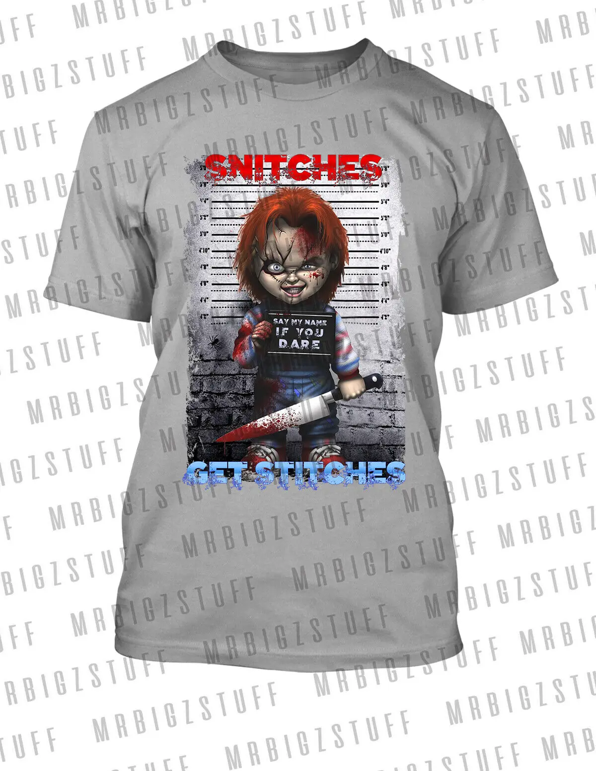 Mens Tee Shirt CHUCKY Halloween Snitches Get Stitches Pro Club Skaka RTP Tee