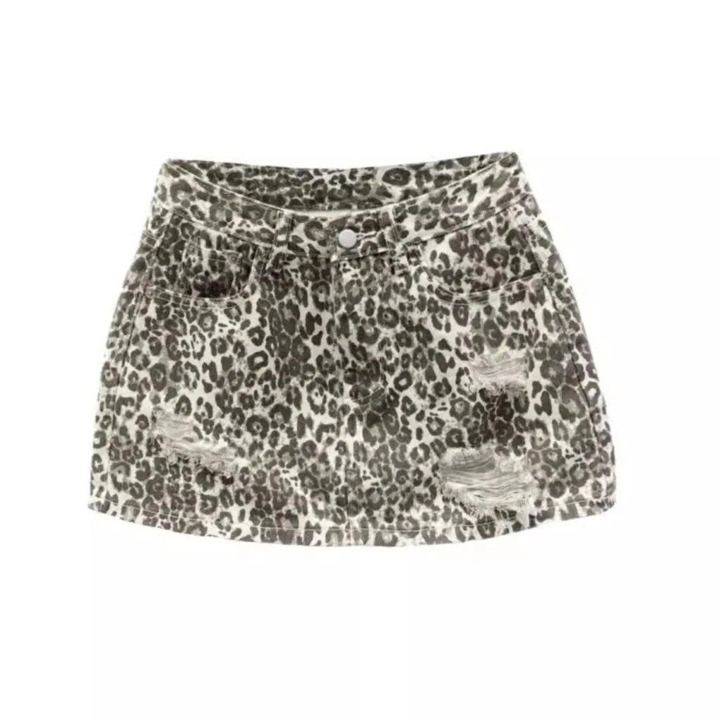 [ZOCI] Girl Leopard Print Denim Women 2024 Summer New High Waisted Ripped Hole A-line Hip Hugging Short Skirt