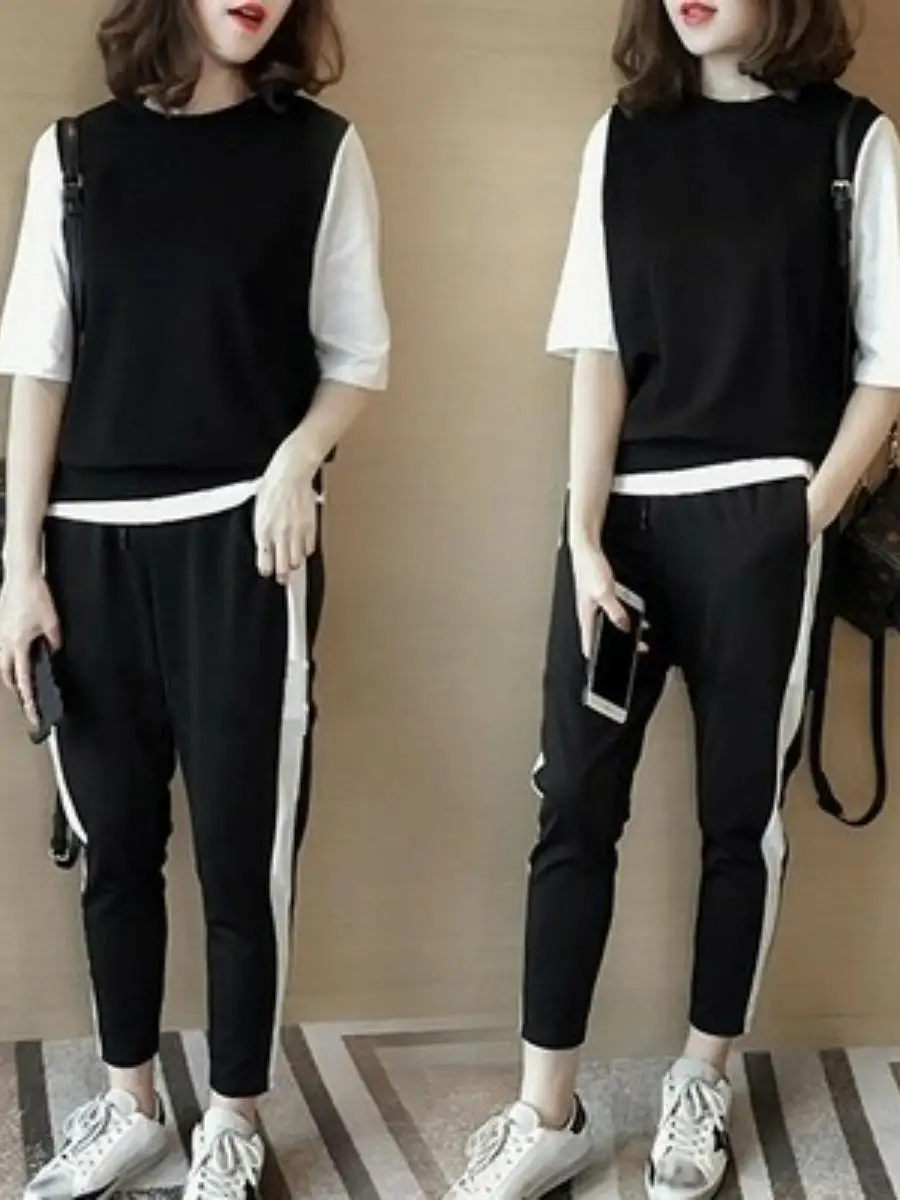 

202 New Faion Color Blo f Sve T-irt Set with Harlan Pants Spor Casual Two Piece Women's Clothing Set