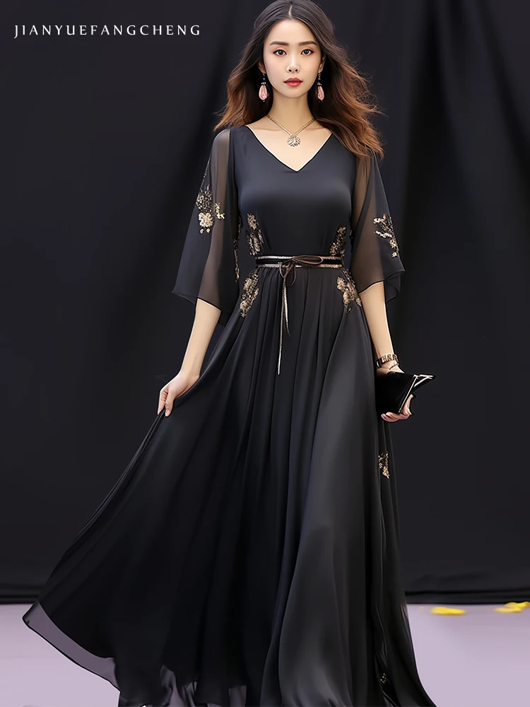 Womens Summer Short Sleeve Black Embroidered Chiffon Long Dress High Waisted A-line Pleated Big Swing Flowing Floor Dresses