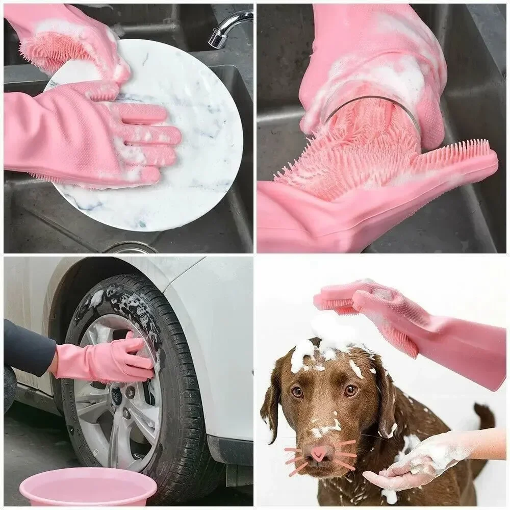 Dishwashing Cleaning Gloves Magic Silicone Rubber Dish Washing Gloves for Household Sponge Scrubber Kitchen Cleaning Tools