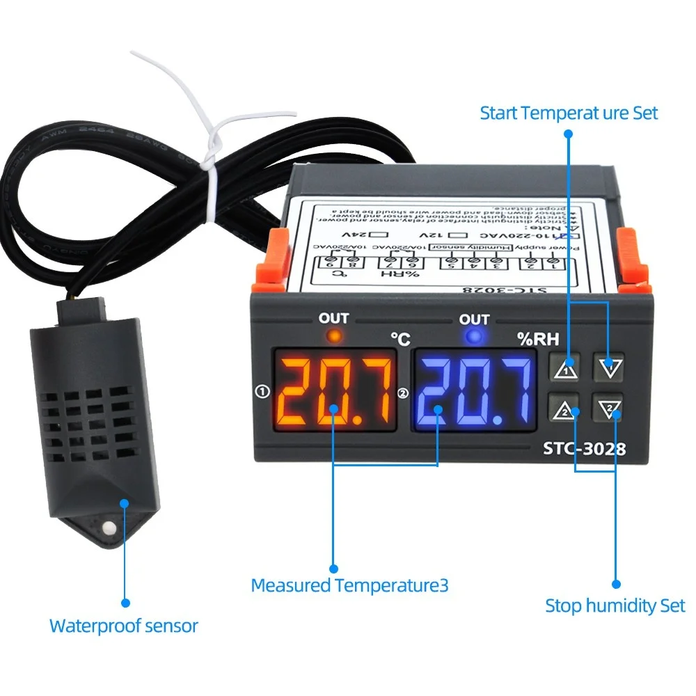 STC-3028 Dual Digital Thermostat Temperature Humidity Control Thermometer Hygrometer Incubator Controller AC 220V DC 12V 24V