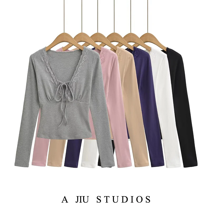 

Sexy Lace Deep V Ne Long Sve T irt Women's Slim Fit Waist Cinching Belt Base irt Top Pure Desire Sle Casual Wear