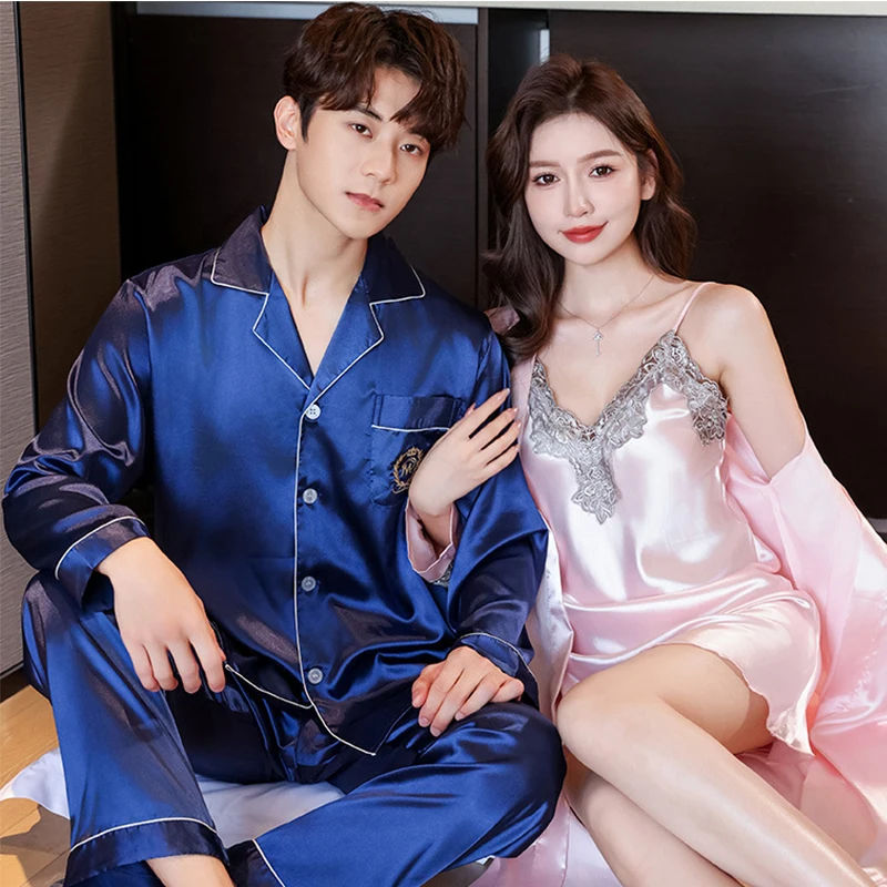 Couple Lounge Sleep Wear Silk Pajamas Set Women Lace Sling Nightdress With Robes Bride Wedding Sleepwear Mens Nightie Set Pajama