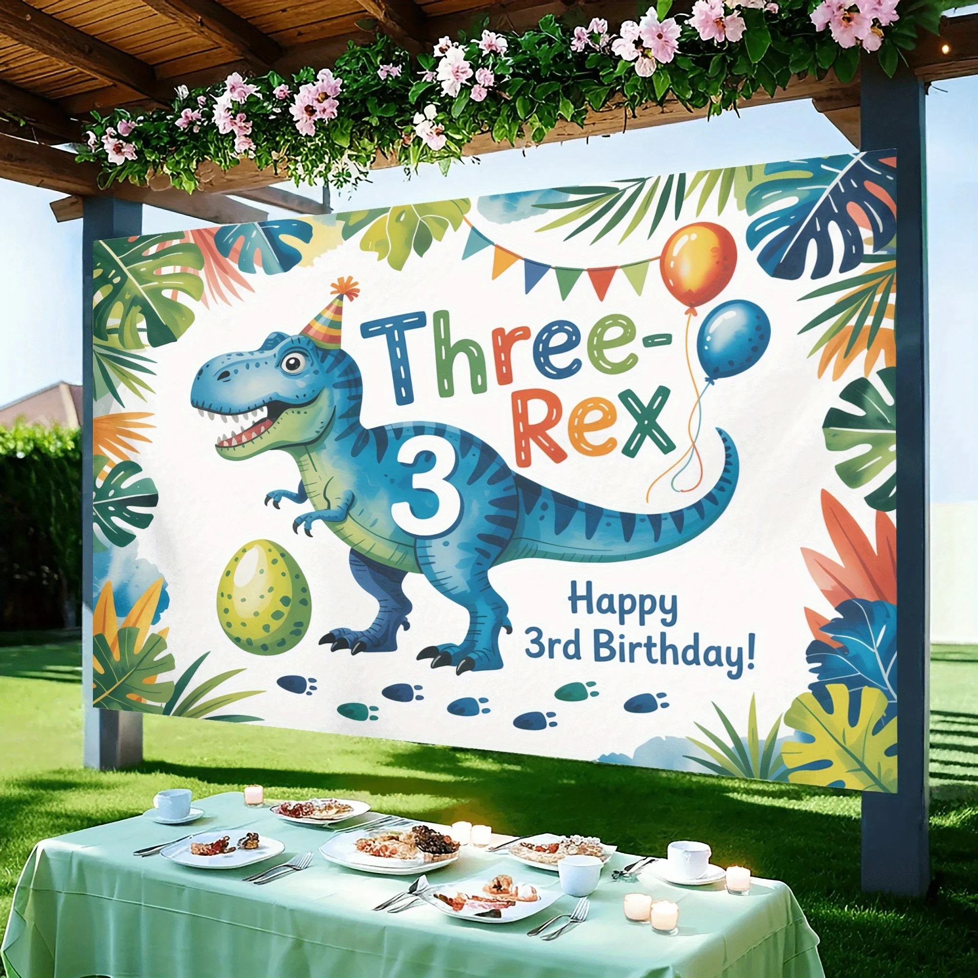 

1pc Dinosaur T-REX 3 Birthday Party Banner - Jungle theme designed by three Dinosaurs, indoor/outdoor decoration