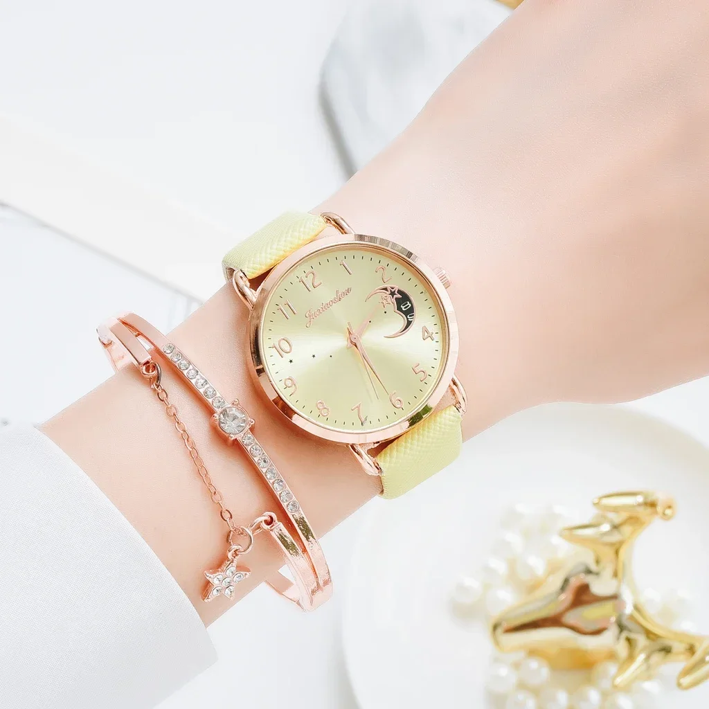 

Women Watch Moon Numbers Dial Bracelet Watches Set Ladies Leather Band Quartz Wristwatch Women Female Clock Relogio Mujer Hot