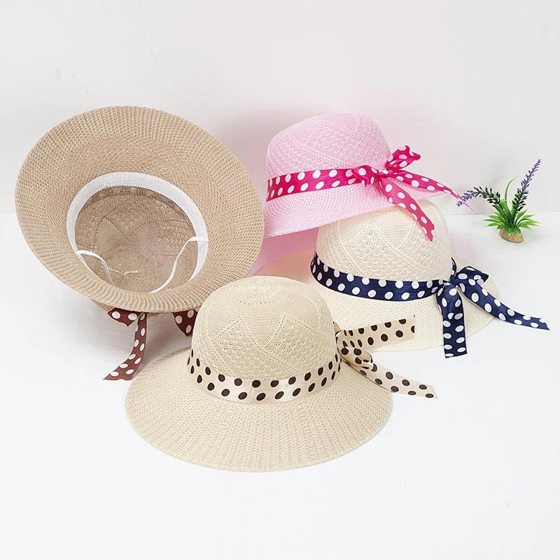 2022 Summer Girls Sun Hats Wide Brim Bowknot Straw Hat with Ribbon Outdoor Sun Protection Women Hats Ladies Panama Caps