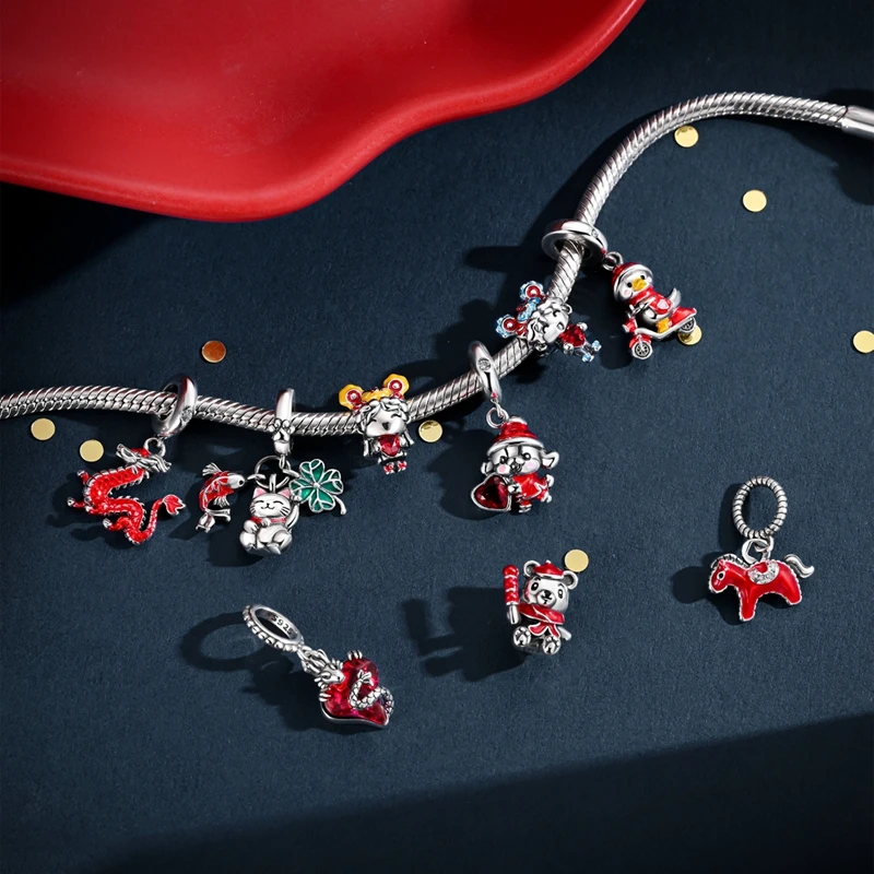 

Chinese New Year 925 Sterling Silver Dragon Horse Lion Dance God of Wealth Koi Fish Charms Beads Fit DIY Bracelets Women Jewelry