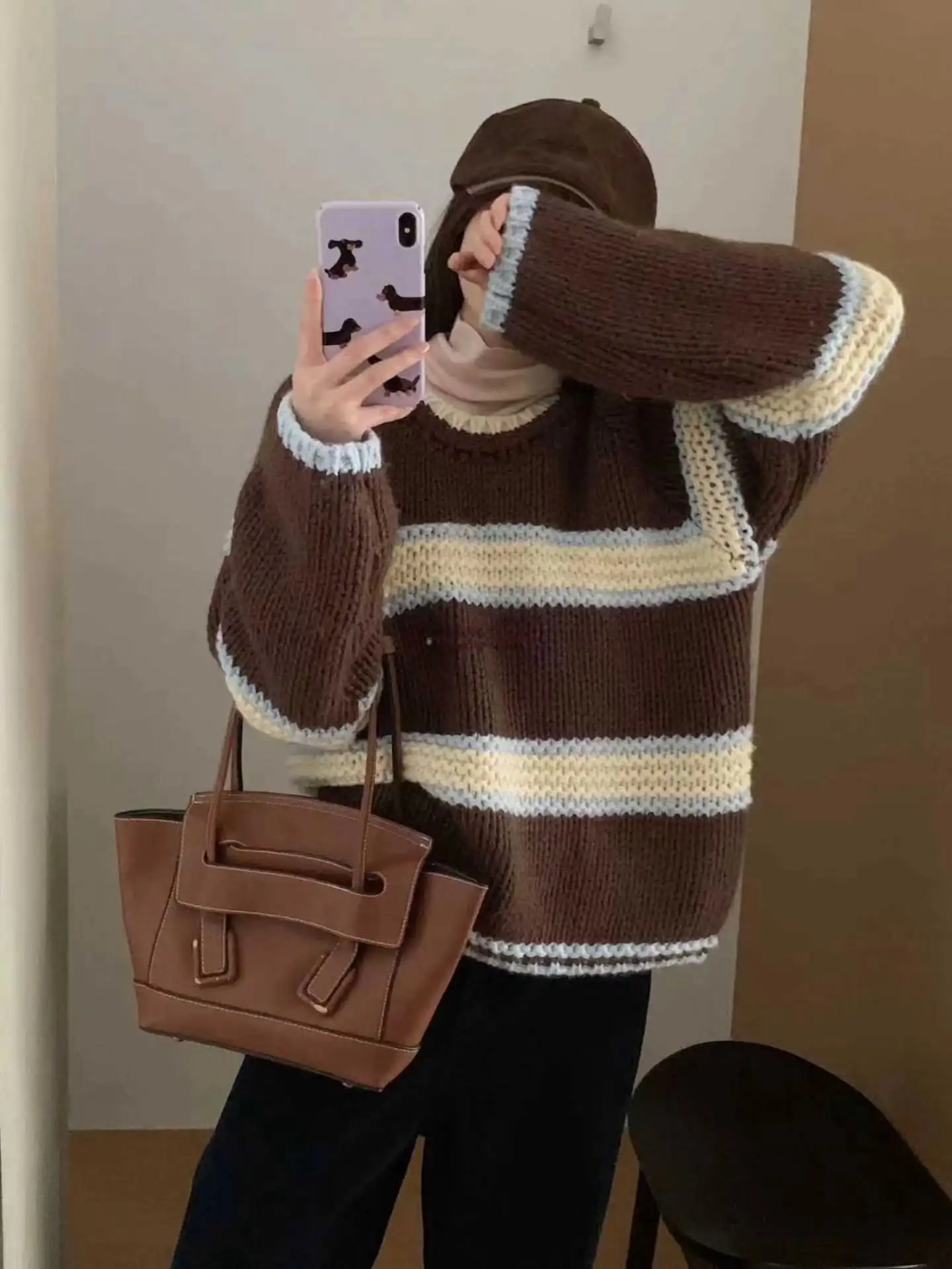 Chic Loose Long Sleeve Knitted Sweater round Neck Striped Autumn Winter New Style Women's Regular Fit Comfortable Casual Sweater