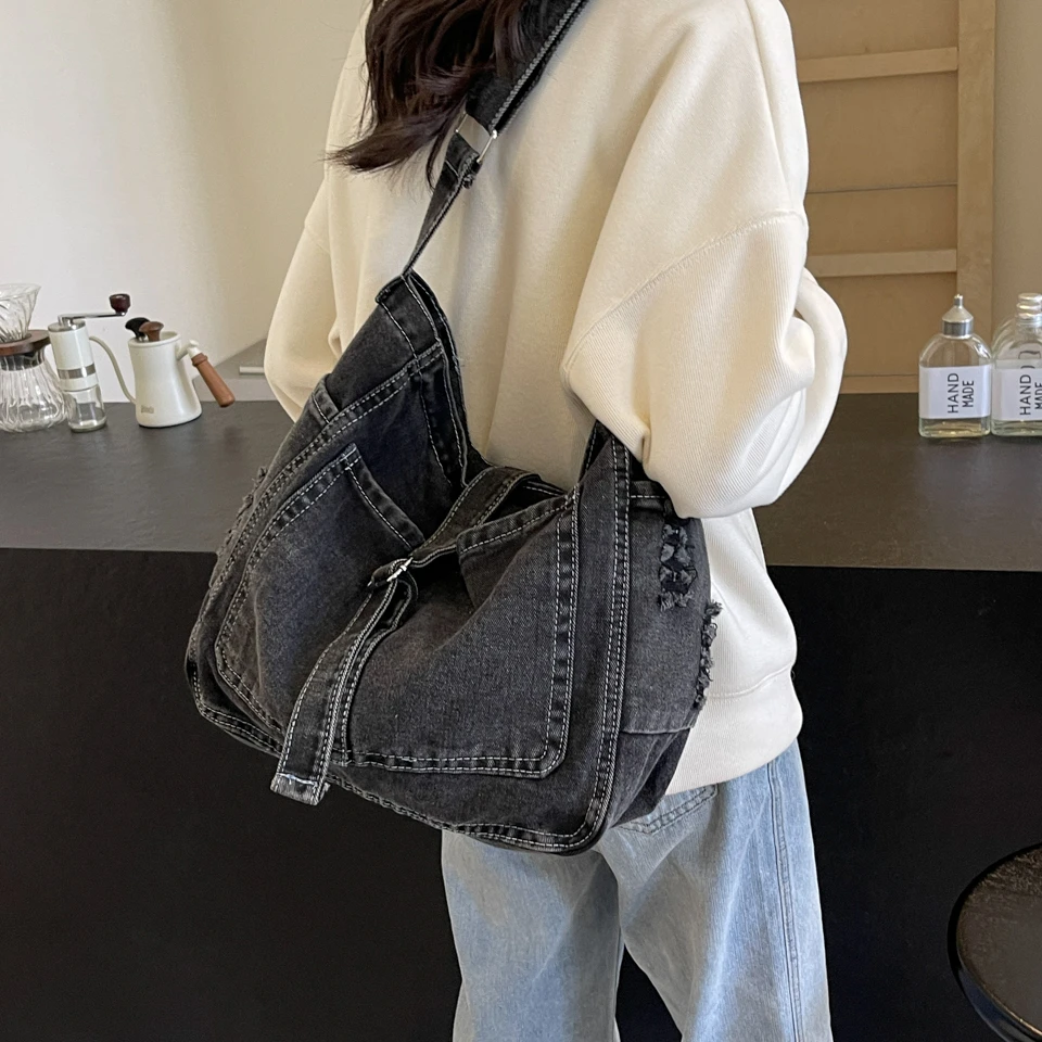 Denim Shoulder Bags For Women Solid Black Canvas Crossbody Bags Large Capacity Cloth Packages  Simple 100% Cotton Messenger Bags