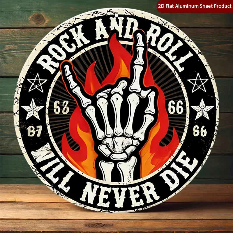 2D Flat - One-Piece Round Sign Featuring Design of Rock And Roll, with a Skeleton  Perfect  an Ideal Gift for The Holidays