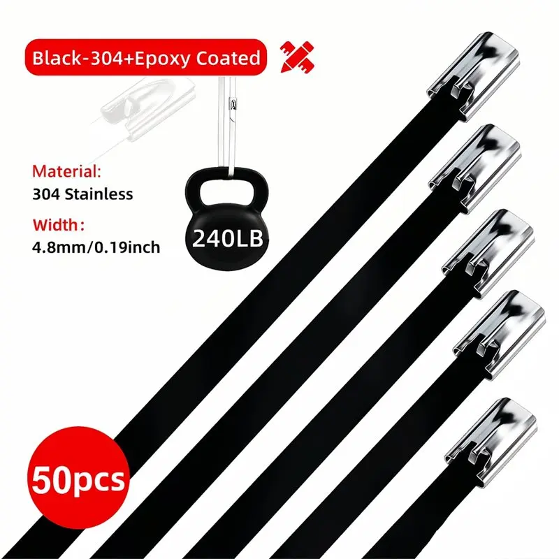 SHGO-For Diverse Applications 4.8X200mm 304 Stainless Steel Cable Ties 50Pcs, Epoxy Coated Self-Locking