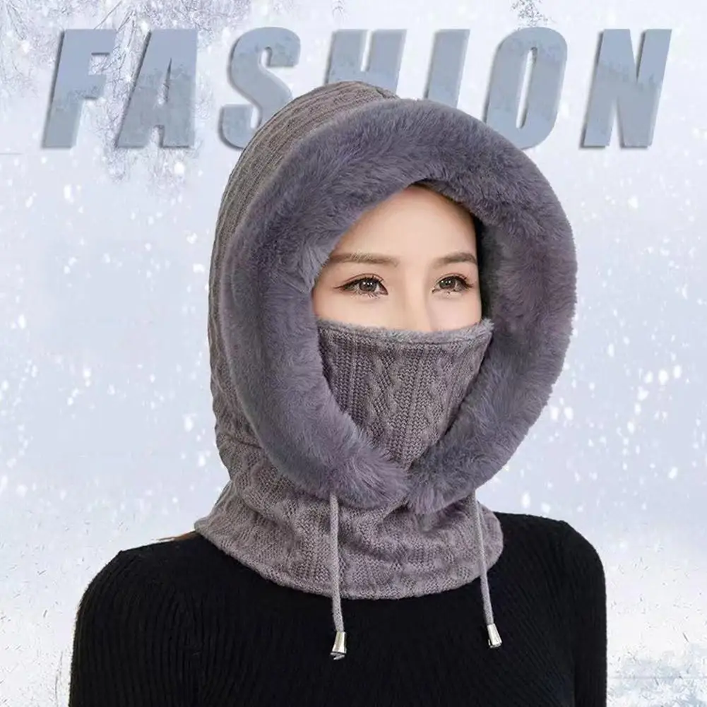 Winter Hat For Women Hooded Face Mask Fluff Keep Warm Thicken Style Neck Scarf Hooded Cap Beanie Knitted Cashmere Neck Warmer