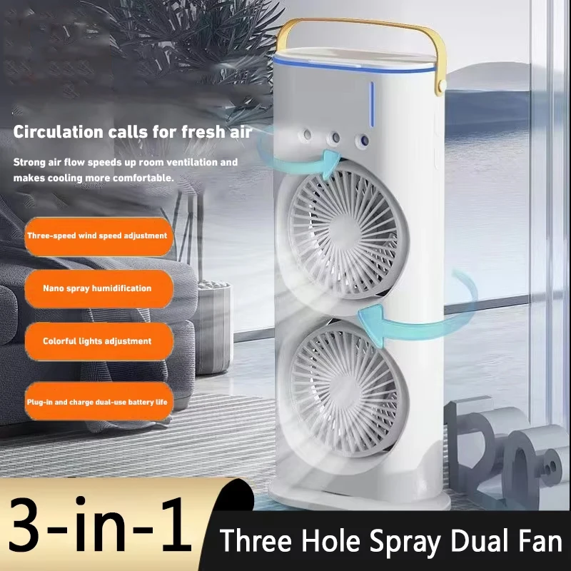 Three Hole Spray Dual Fan Desktop Large Wind Cooling Electric Fan Light And Water Refilling Office Dormitory Portable Fan